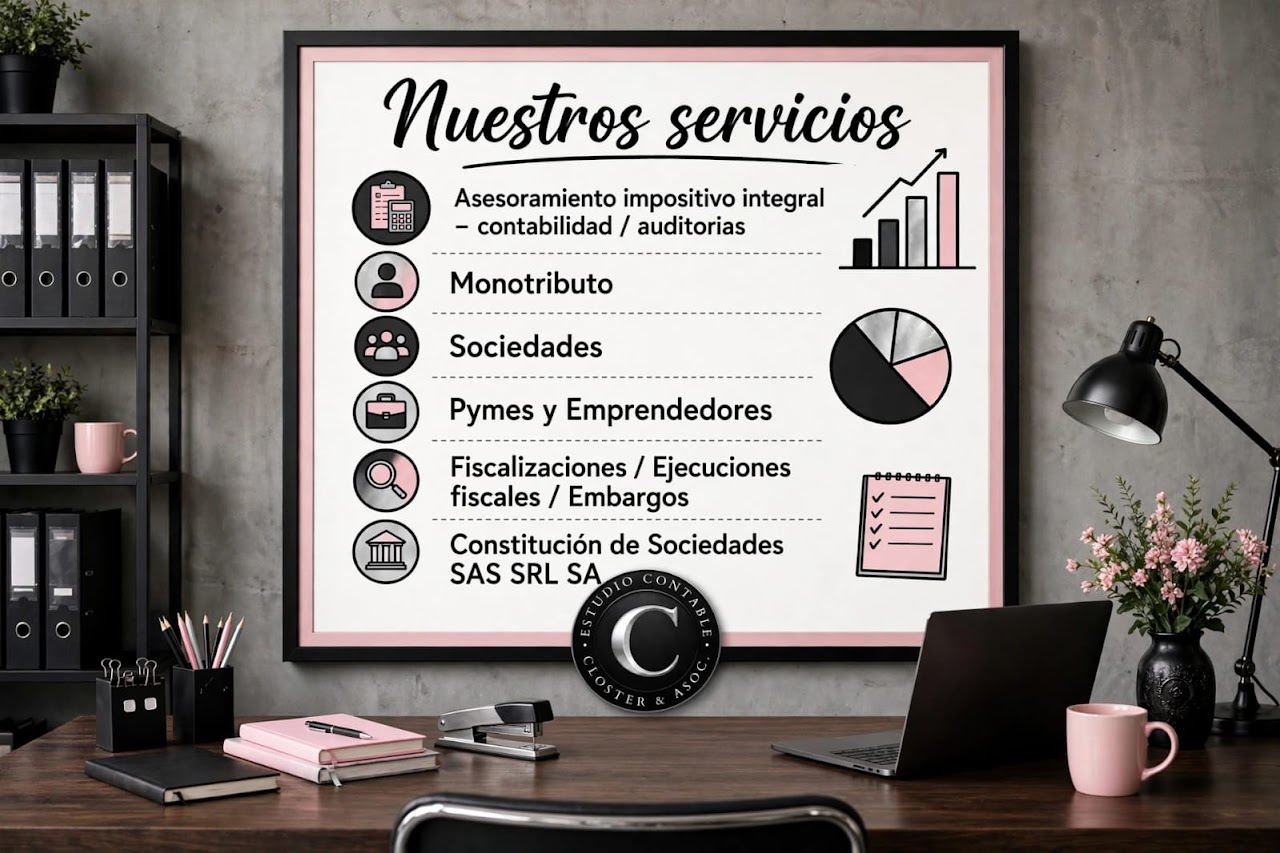Oficina de Estudio Contable Closter & Asociados con póster de servicios